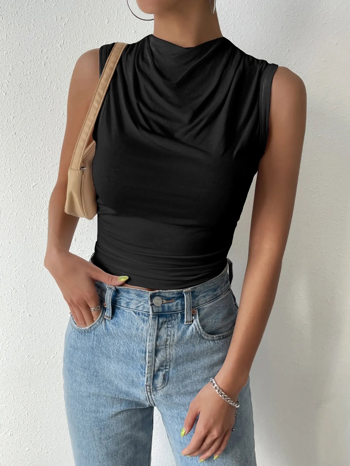 Women's Casual Half High Neck Sleeveless T-Shirt Top
