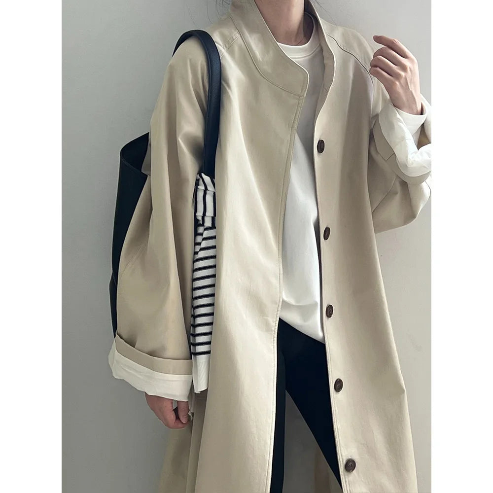 Stand Neck Long Trench Coat Women Spring