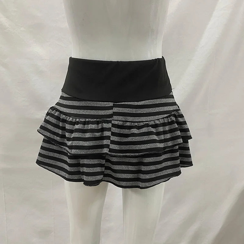 2026 Sommer Neue Damenmode Y2K Grunge Schwarz-Grau Gestreifter Rüschen-Minirock Hoher Bund Elastischer Bund Enger A-Linien-Rock