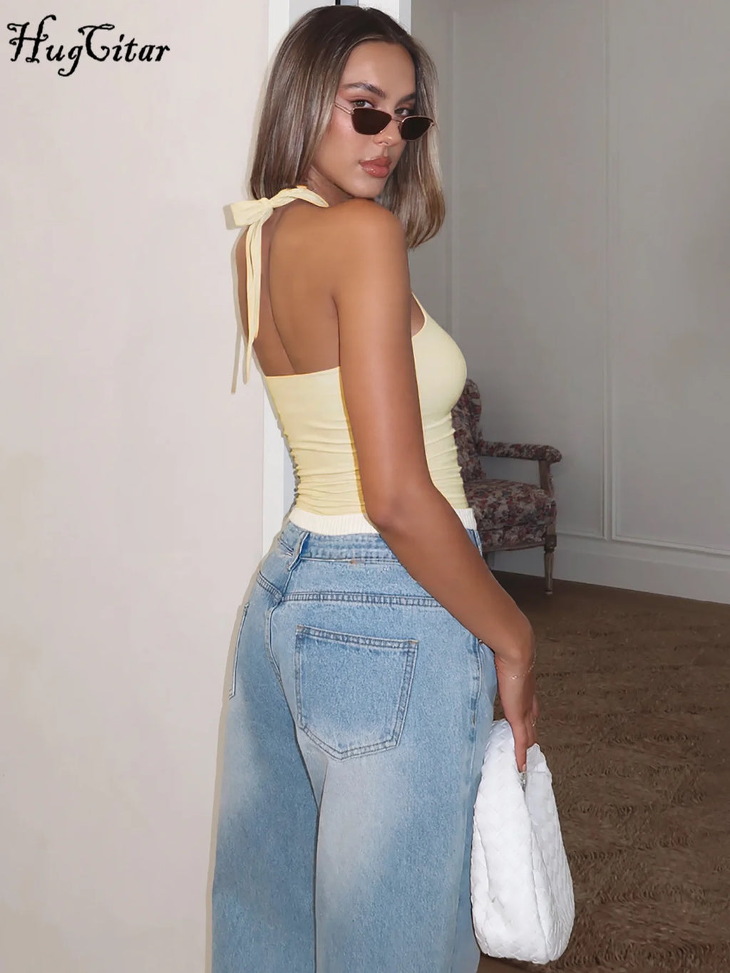 Hugcitar Halter Solid Loop Crop Tank Top