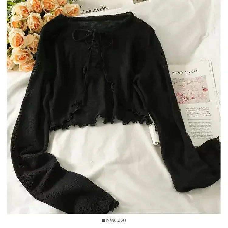 Sommer Damen Dünne Sonnencreme Strickjacke Schnürung Strickwaren Tops Weiblich Koreanischer Stil Laternenärmel Kurzer Mantel Lässig Sonnenfeste