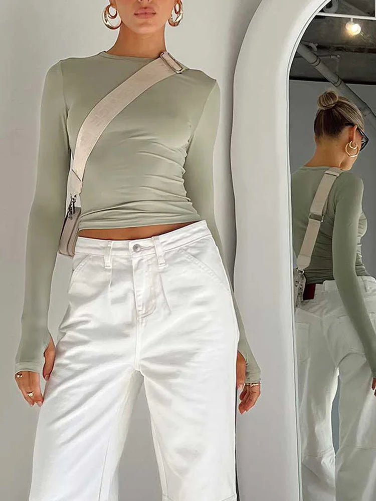 Fashion Damen T-Shirt Langarm Rundhals Unifarben Slim Fit Damen Crop Top mit Daumenlöchern für den Alltag Streetwear Sommer Camis