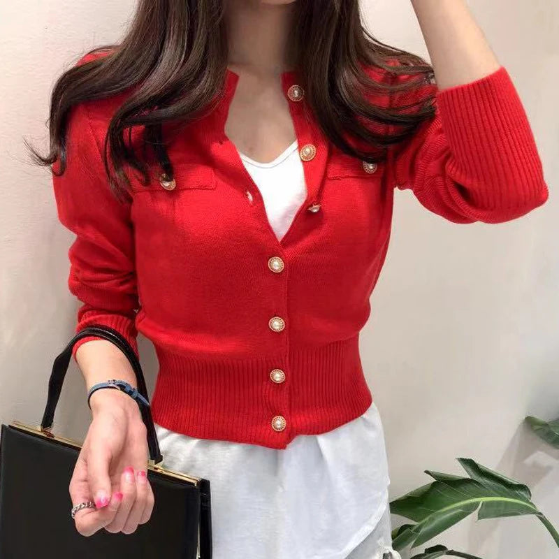 2026 Herbst Langarm Mode Damen Strickjacken Pullover Gestrickter Mantel Kurz Lässiger Einreihiger Koreanischer Schmaler Eleganter Damenoberteile
