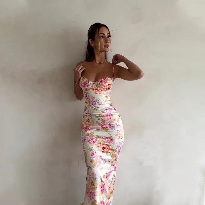 New Floral Suspender Split Slim Strap Dress