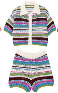Patchwork Striped Sweater Knit Shorts Suit