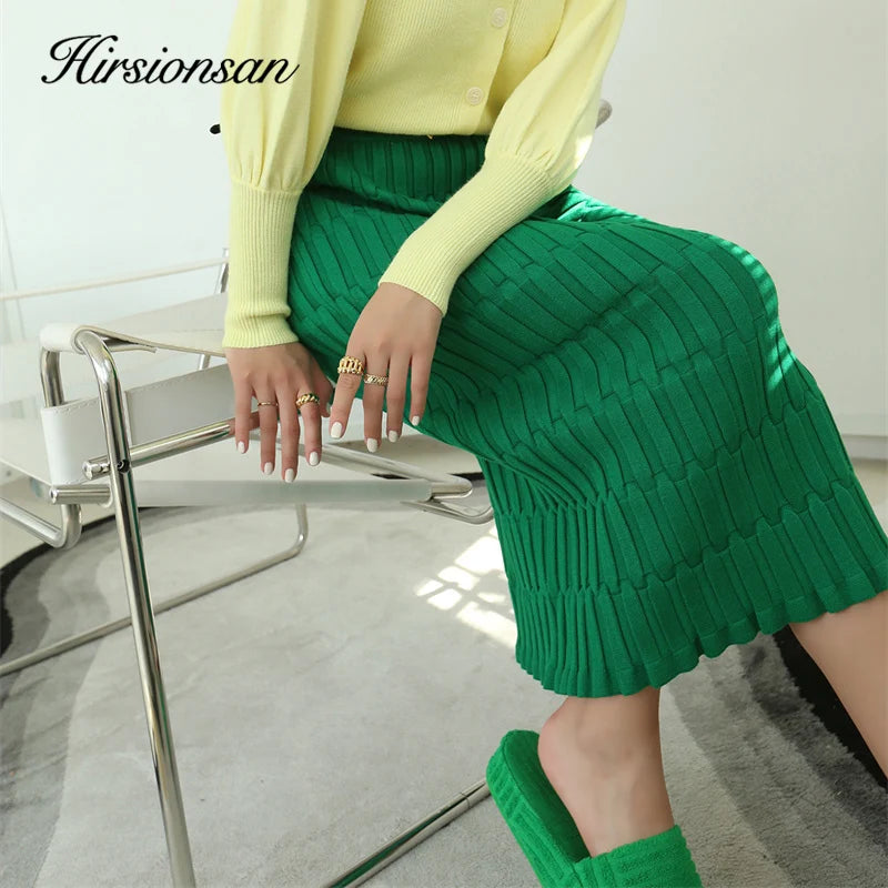 Hirsionsan Solid Elastic Straight Knitted Skirt