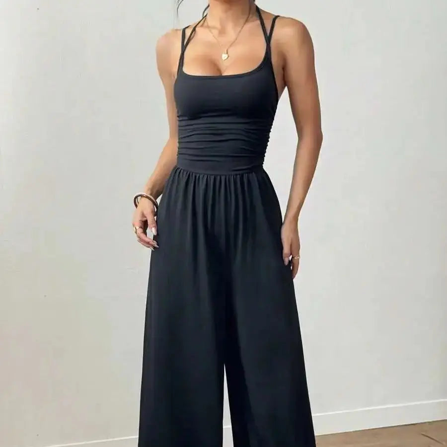 Damen Sommer Schwarz Lässig Plissiert Locker Weites Bein Overall, Verstellbares Neckholder-Band