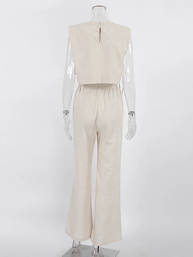 Holiday Linen Pant Set Crop Tops Solid Outfits
