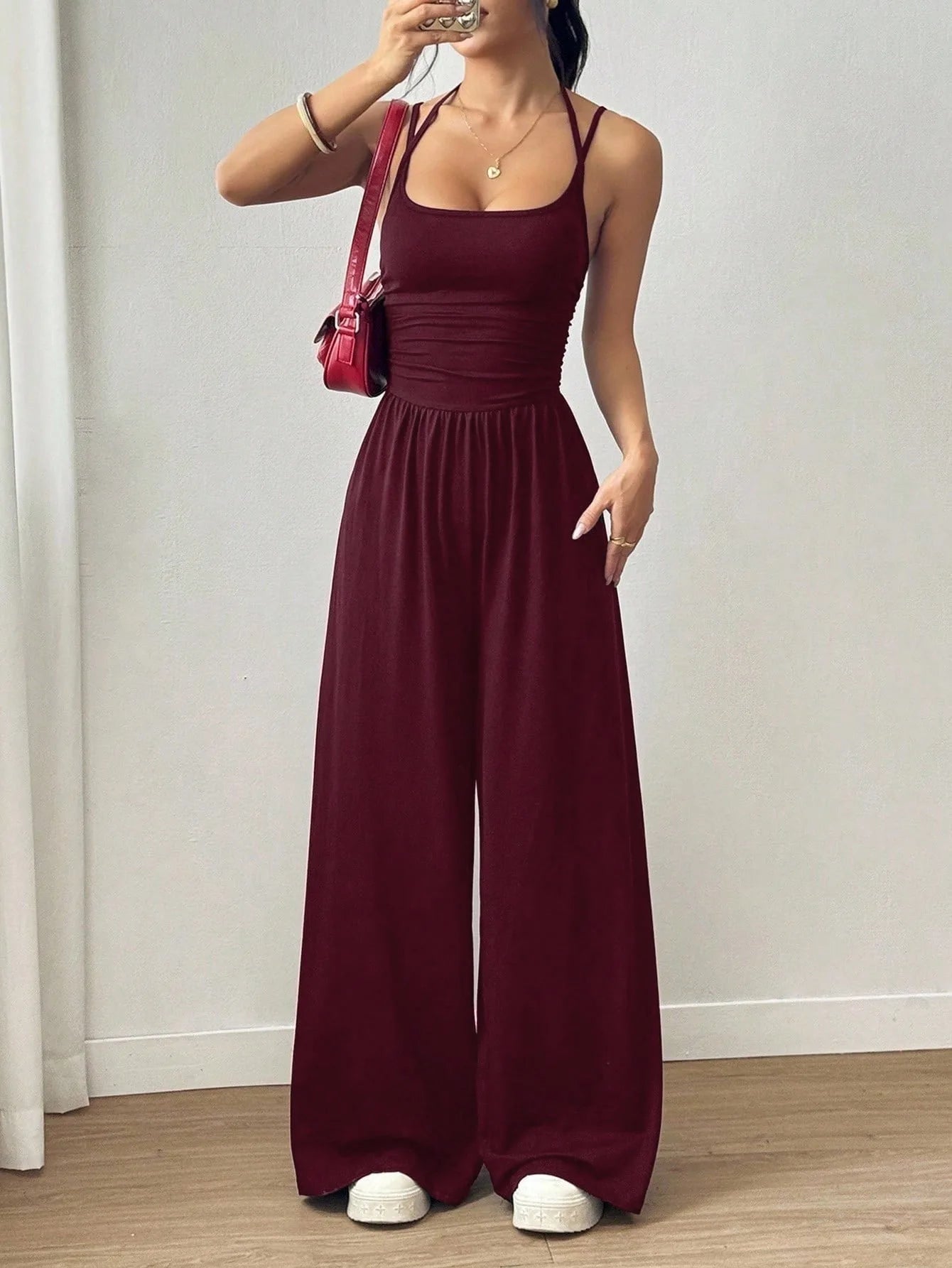 Damen Sommer Schwarz Lässig Plissiert Locker Weites Bein Overall, Verstellbares Neckholder-Band