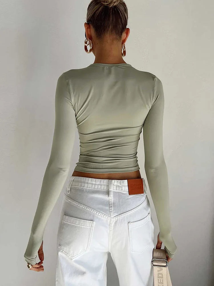 Fashion Damen T-Shirt Langarm Rundhals Unifarben Slim Fit Damen Crop Top mit Daumenlöchern für den Alltag Streetwear Sommer Camis