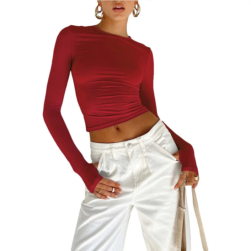 T-shirt Long Sleeve Crew Neck Solid Slim Fit Crop Top