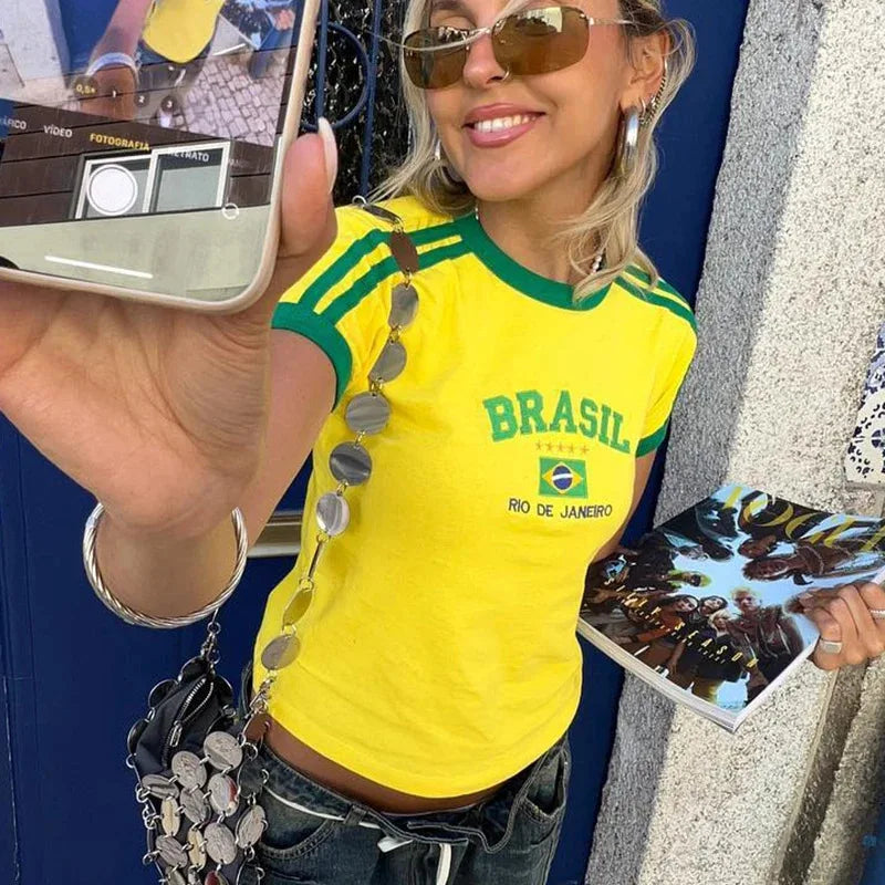 Womens Aesthetic BRASIL Letter Print T-Shirt