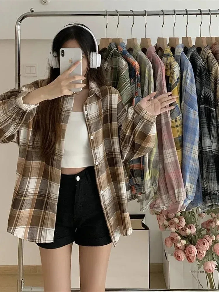 Plaidhemd Damen Mode Herbst Langarm Top Weibliche Vintage Einreiher Bluse Damen Preppy Style Locker Karierte Hemden