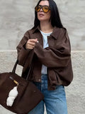 HH Damen Street Fashion Einfarbig Locker Veloursleder Textur Mäntel Lässig Lange Fledermausärmel Revers Reißverschluss Winter Vintage Jacken