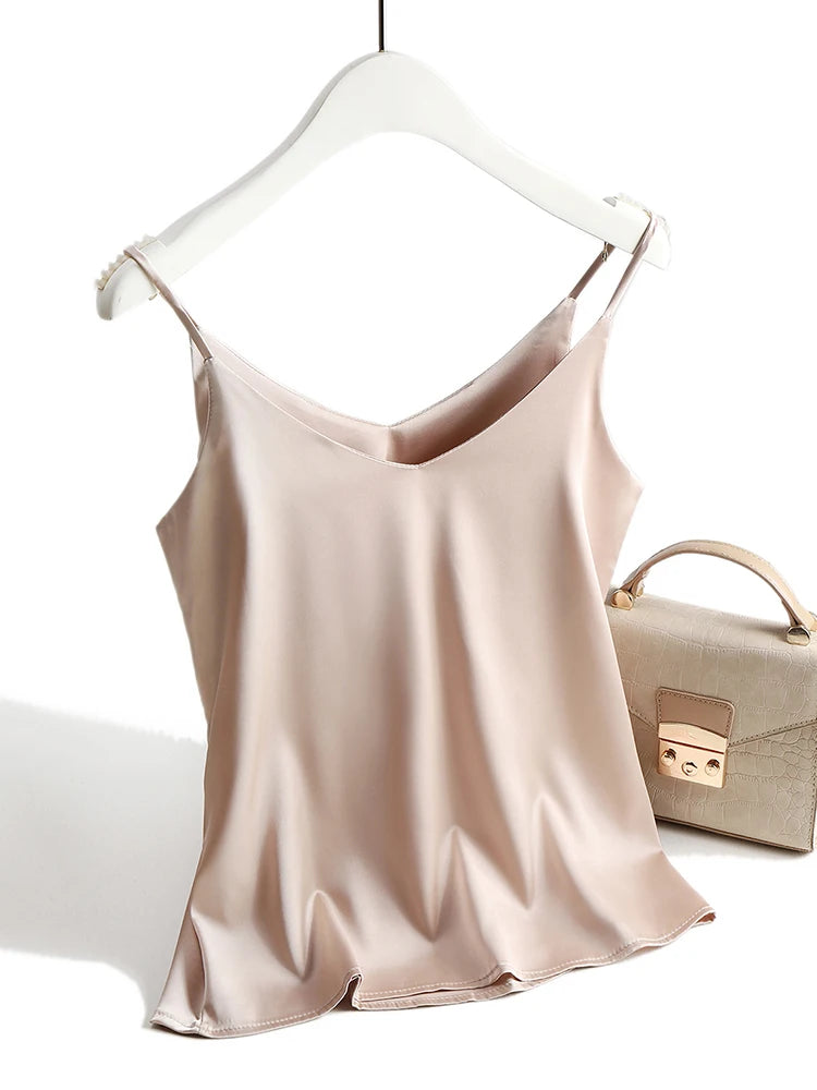V Neck Basic Satin Silk Tank Tops