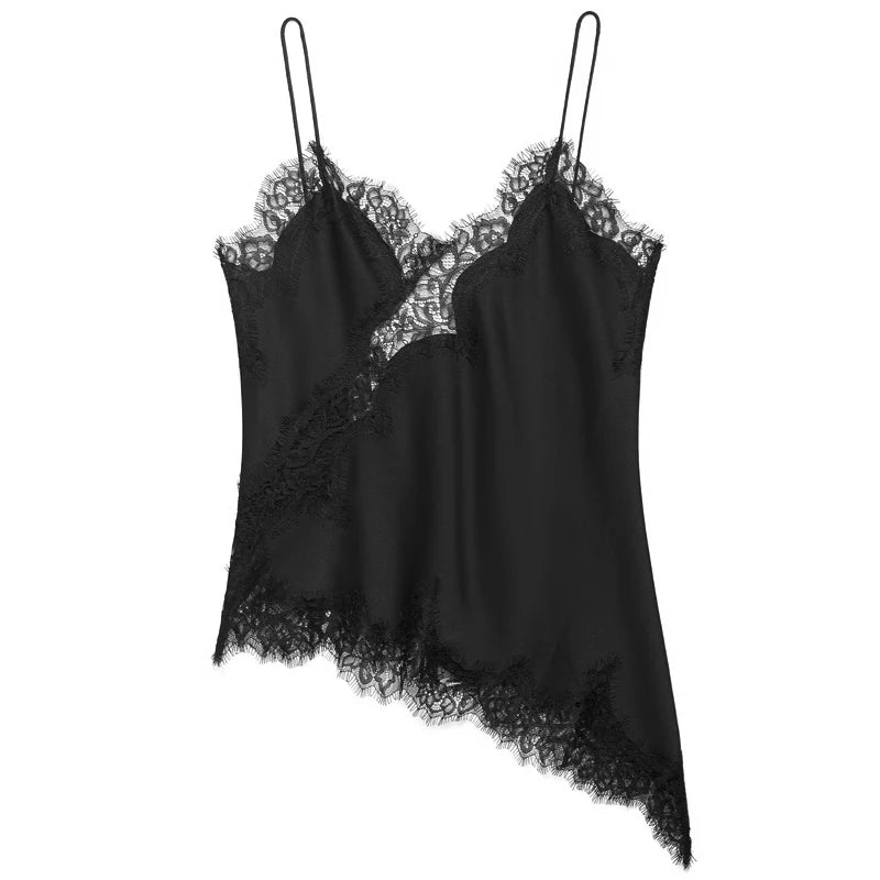 HXAO Asymmetrisches Slip-Top Damen Sommer 2025 Y2K Tanks & Camis Spitze Schwarz Carmen-Top Elegant Ärmelloses Rückenloses Camisole