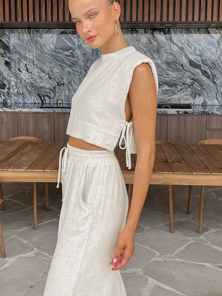 Holiday Linen Pant Set Crop Tops Solid Outfits
