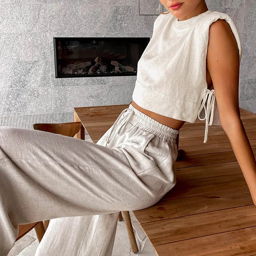 Holiday Linen Pant Set Crop Tops Solid Outfits