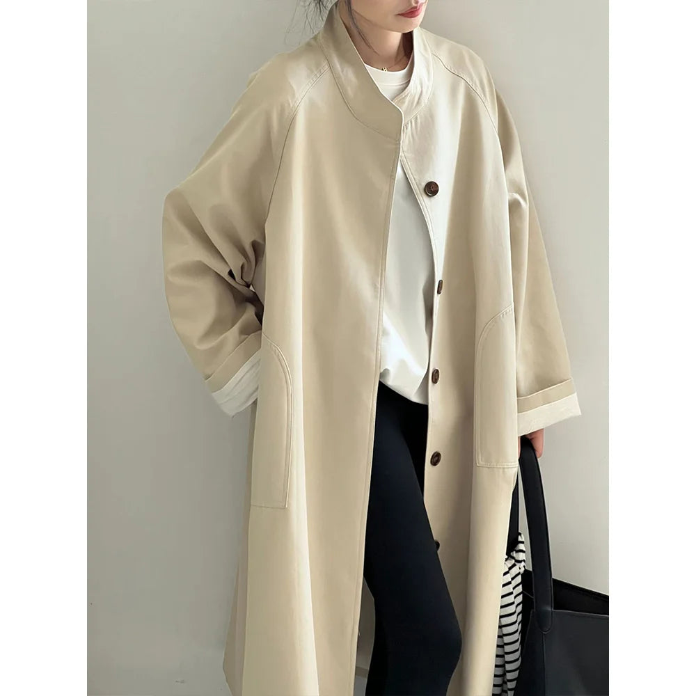Stand Neck Long Trench Coat Women Spring