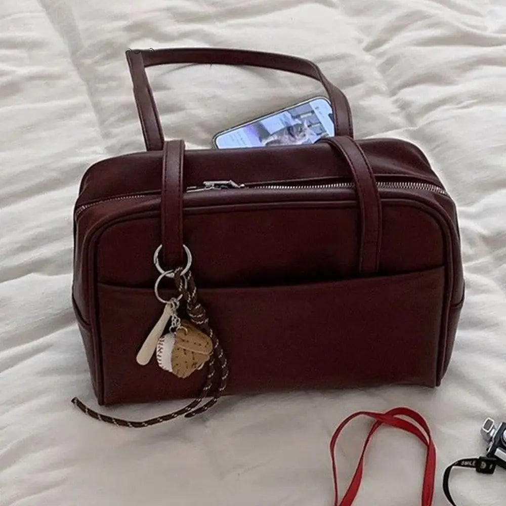 Fashion PU Leather Shoulder Bag with Pendant Large Capacity Women Girls Crossbody Bag Portable Tote Bag Shopping Bag