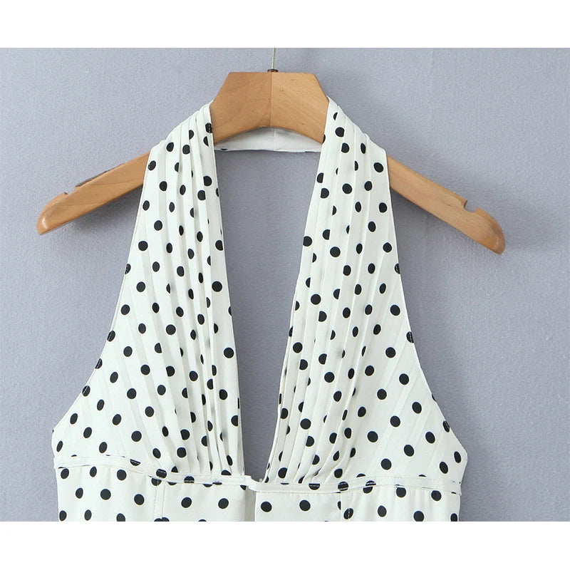 French Style Retro Polka Dot Deep V Halter Dress