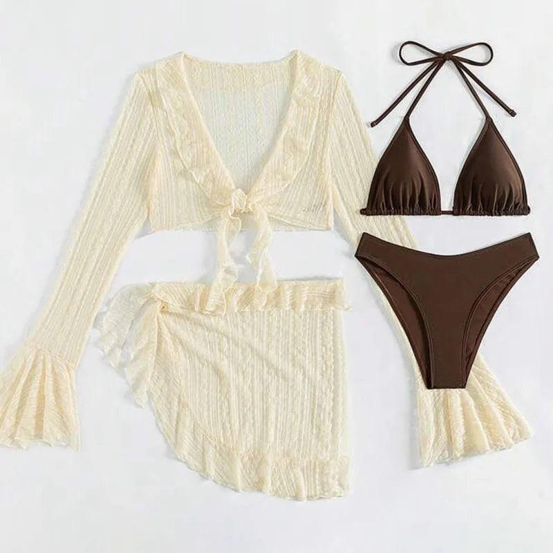 2026 Sexy vierteiliger Damen-Badeanzug Langarm-Vertuschung Bademode Sommer Unifarbenes Bikini-Set Brasilianische Strandmode Party-Badeanzug
