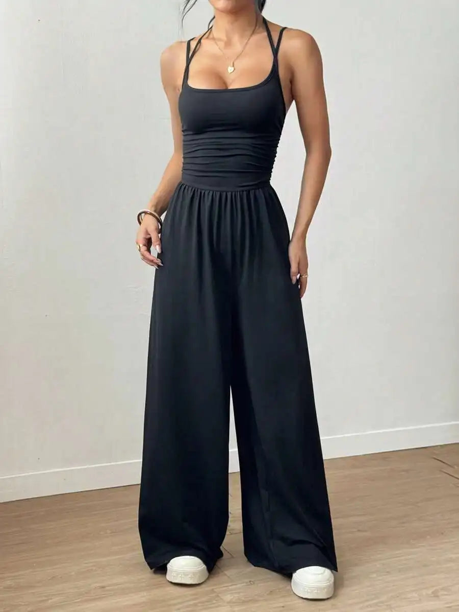 Damen Sommer Schwarz Lässig Plissiert Locker Weites Bein Overall, Verstellbares Neckholder-Band