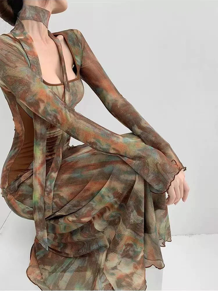 Vintage Tie Dye Print Mesh Dress