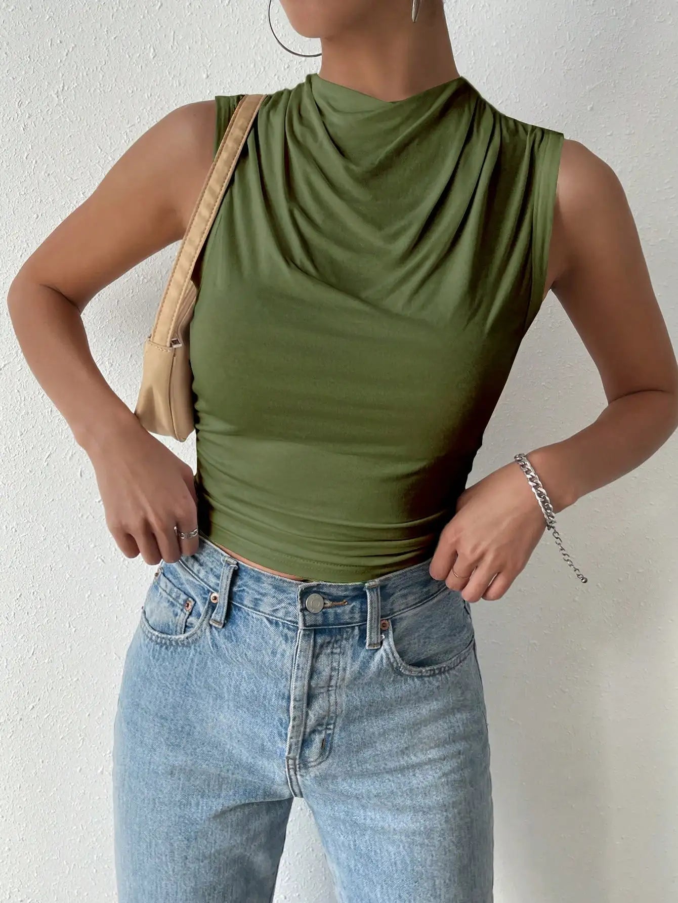Women's Casual Half High Neck Sleeveless T-Shirt Top