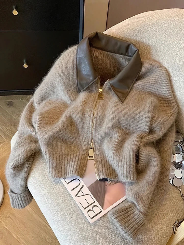 Patchwork Zipper Cropped Cardigan Sweater Jacket Vintage