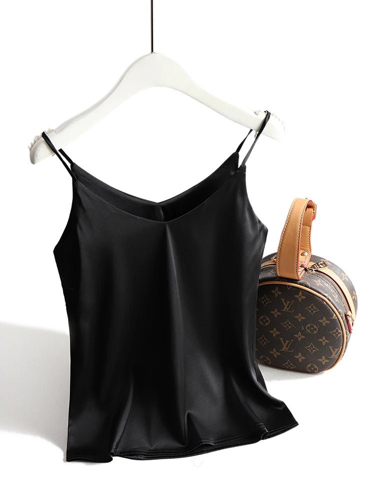 V Neck Basic Satin Silk Tank Tops