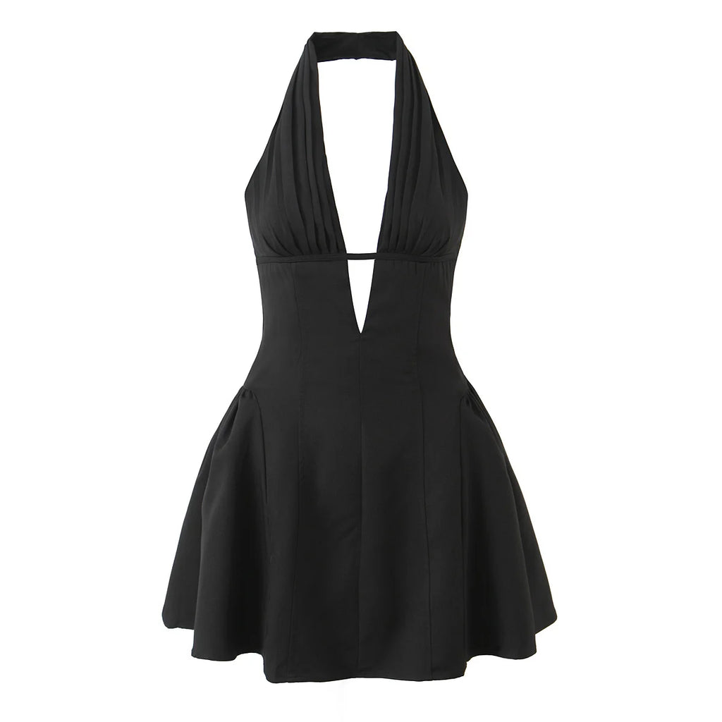French Style Retro Polka Dot Deep V Halter Dress