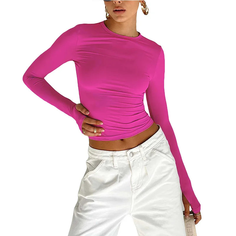T-shirt Long Sleeve Crew Neck Solid Slim Fit Crop Top