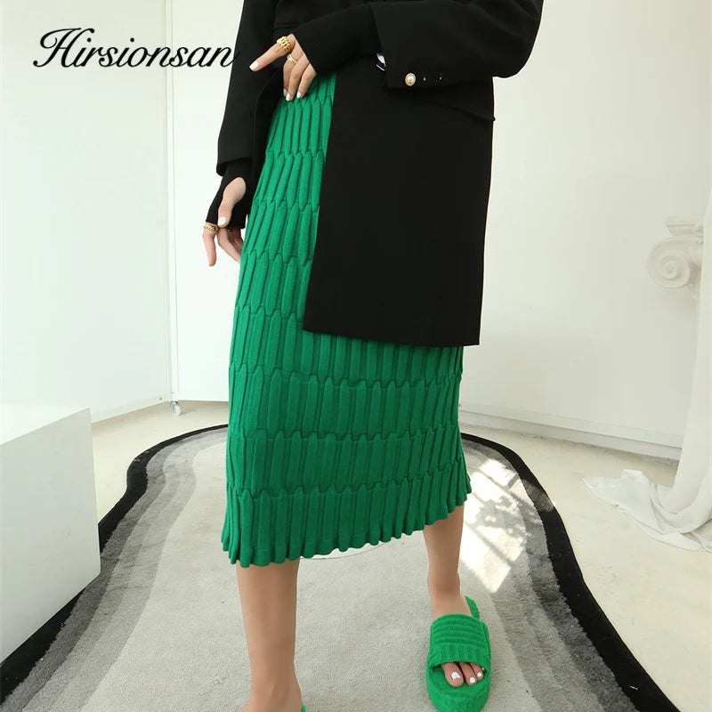 Hirsionsan Solid Elastic Straight Knitted Skirt