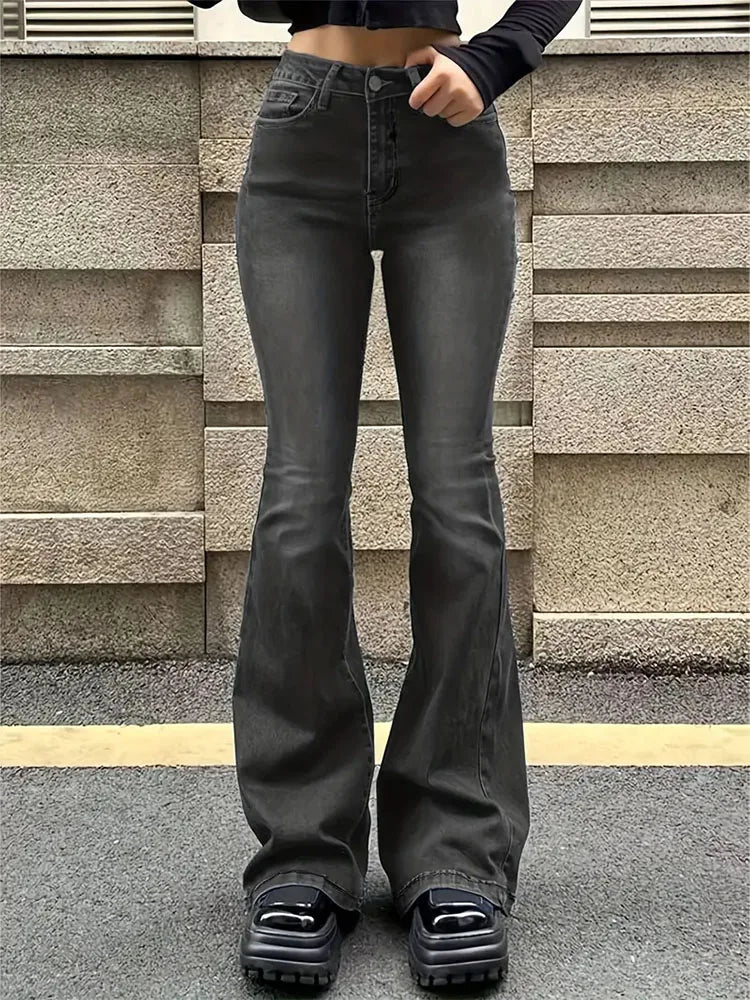 Women Flare Stretch Jeans Skinny Gray Denim Pants