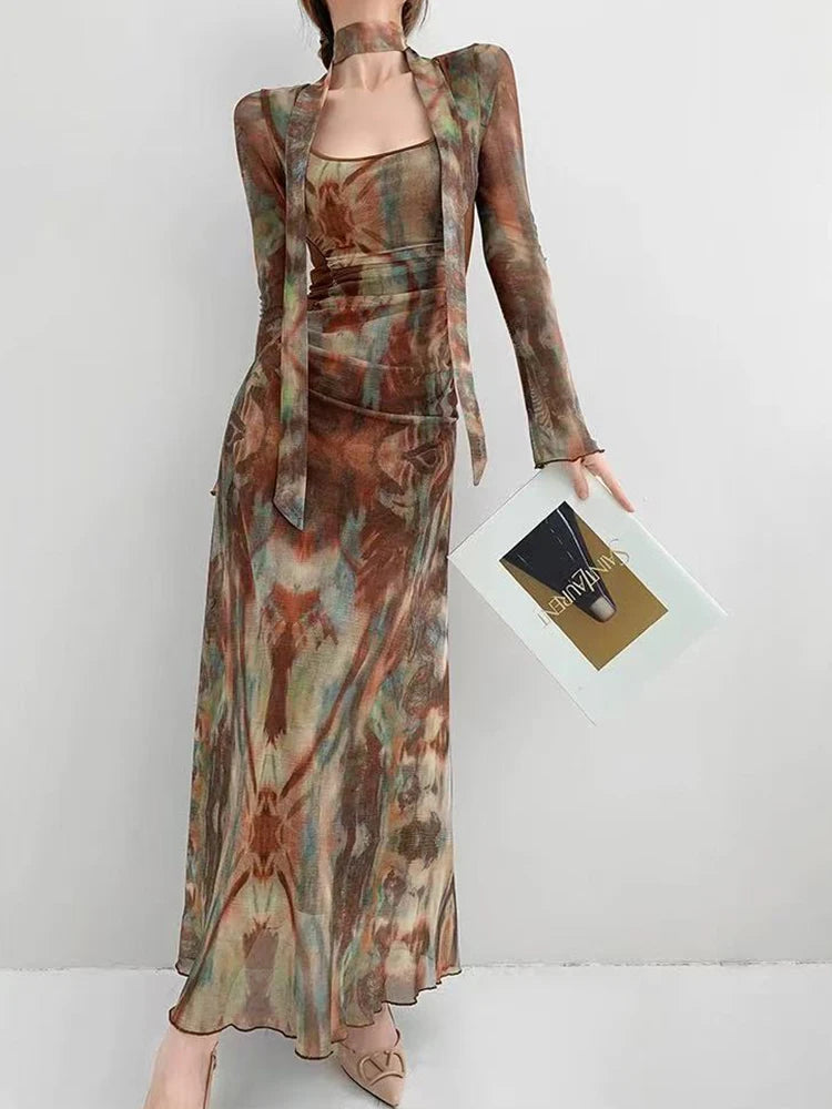 Vintage Tie Dye Print Mesh Dress