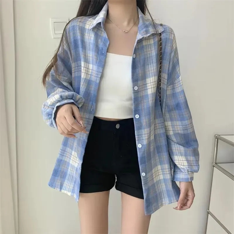 Plaidhemd Damen Mode Herbst Langarm Top Weibliche Vintage Einreiher Bluse Damen Preppy Style Locker Karierte Hemden