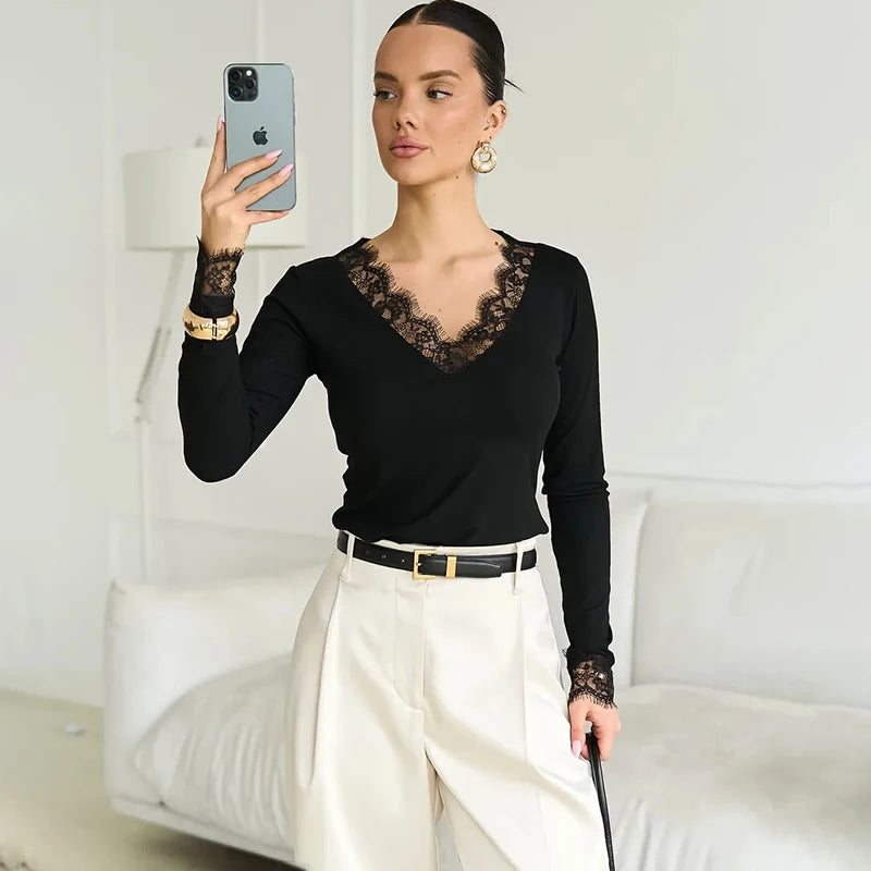 Tornova V neck Lace T shirt Top